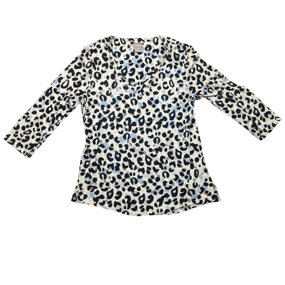 Chico's Knit Top Womens 0 S 3/4 Sleeve V-Neck Leopard Print Blue White Excellent